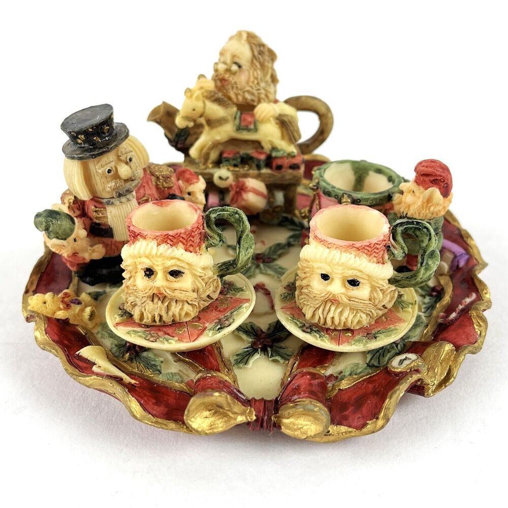VTG Christmas Miniature Tea Set Santa Elves Workshop Resin Figurines intricate